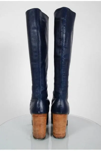 1970's Blue & Silver Leather Novelty Hearts Knee-High Platform Glam-Rock Boots