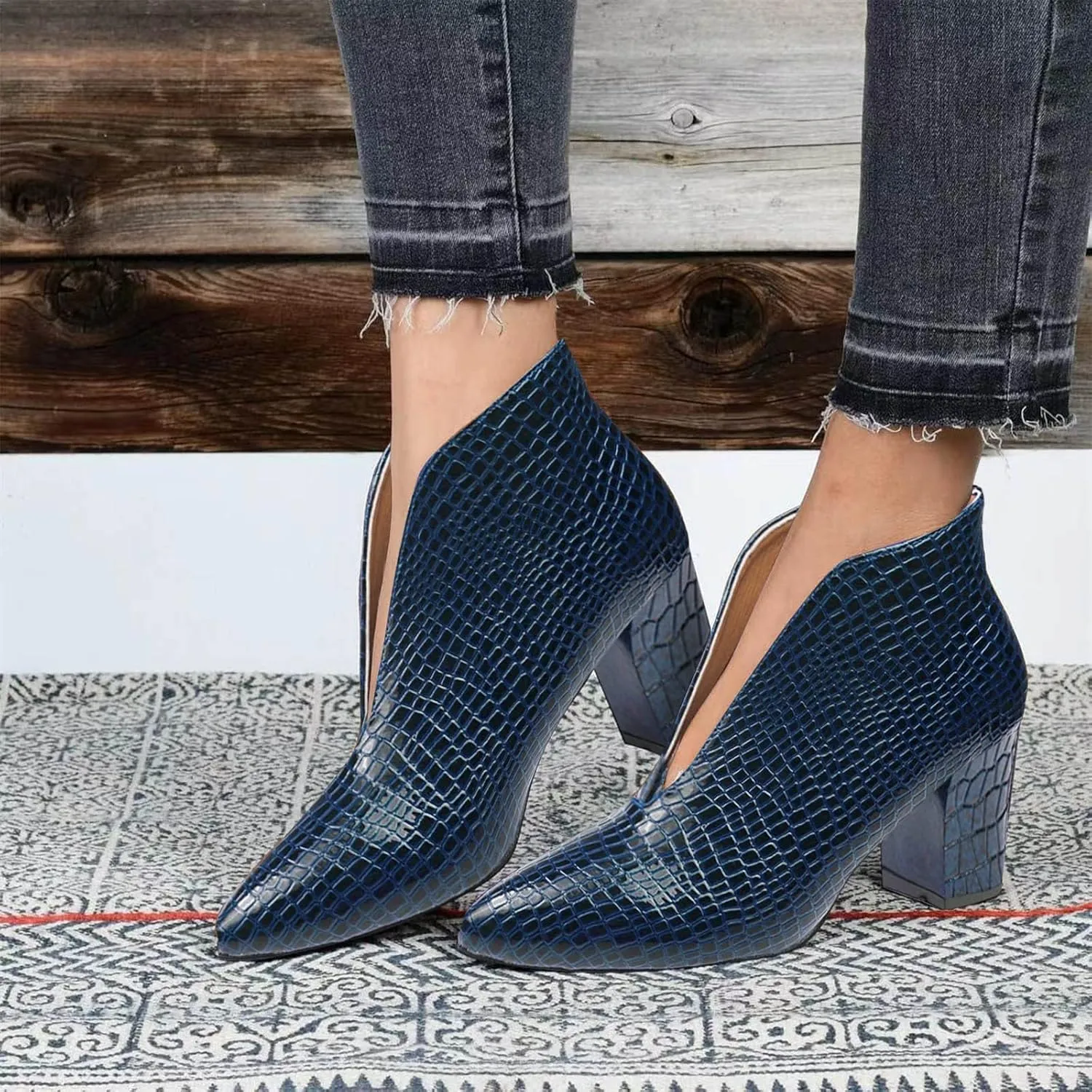 Ankle Boots for Women Dressy Autumn Chunky Mid Heel Snake Solid Color Pointed Toe Comfortable V Cutout Short Boots
