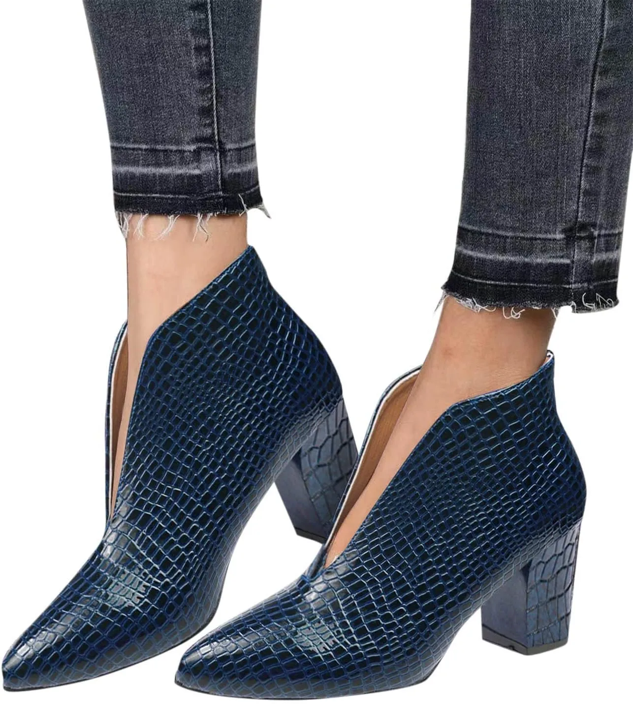 Ankle Boots for Women Dressy Autumn Chunky Mid Heel Snake Solid Color Pointed Toe Comfortable V Cutout Short Boots