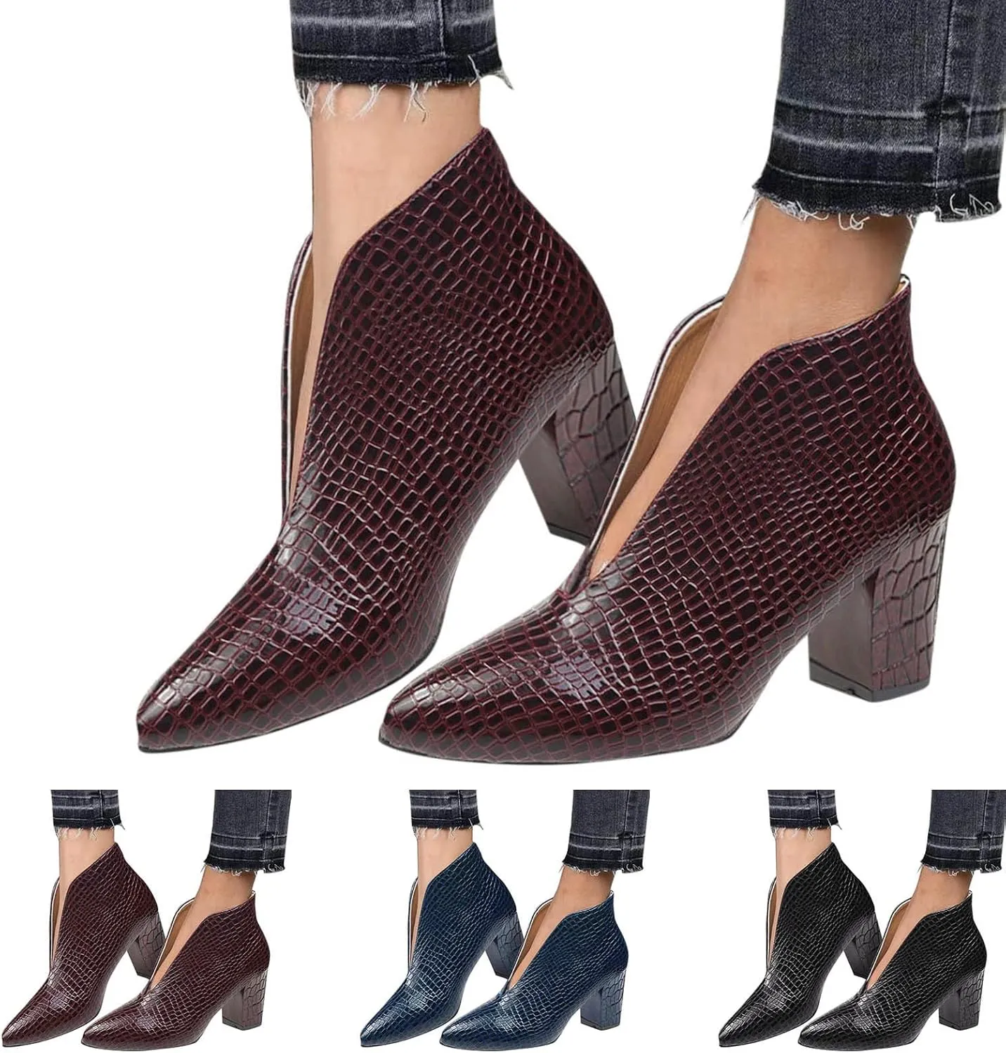 Ankle Boots for Women Dressy Autumn Chunky Mid Heel Snake Solid Color Pointed Toe Comfortable V Cutout Short Boots