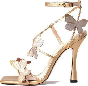 AUMOTED Womens Butterfly Heels Sandals Stilettos High Heels Strappy Square Open Toe Spool Butterfly Heeled Sandals 4 Inch Wedding Dress Shoes