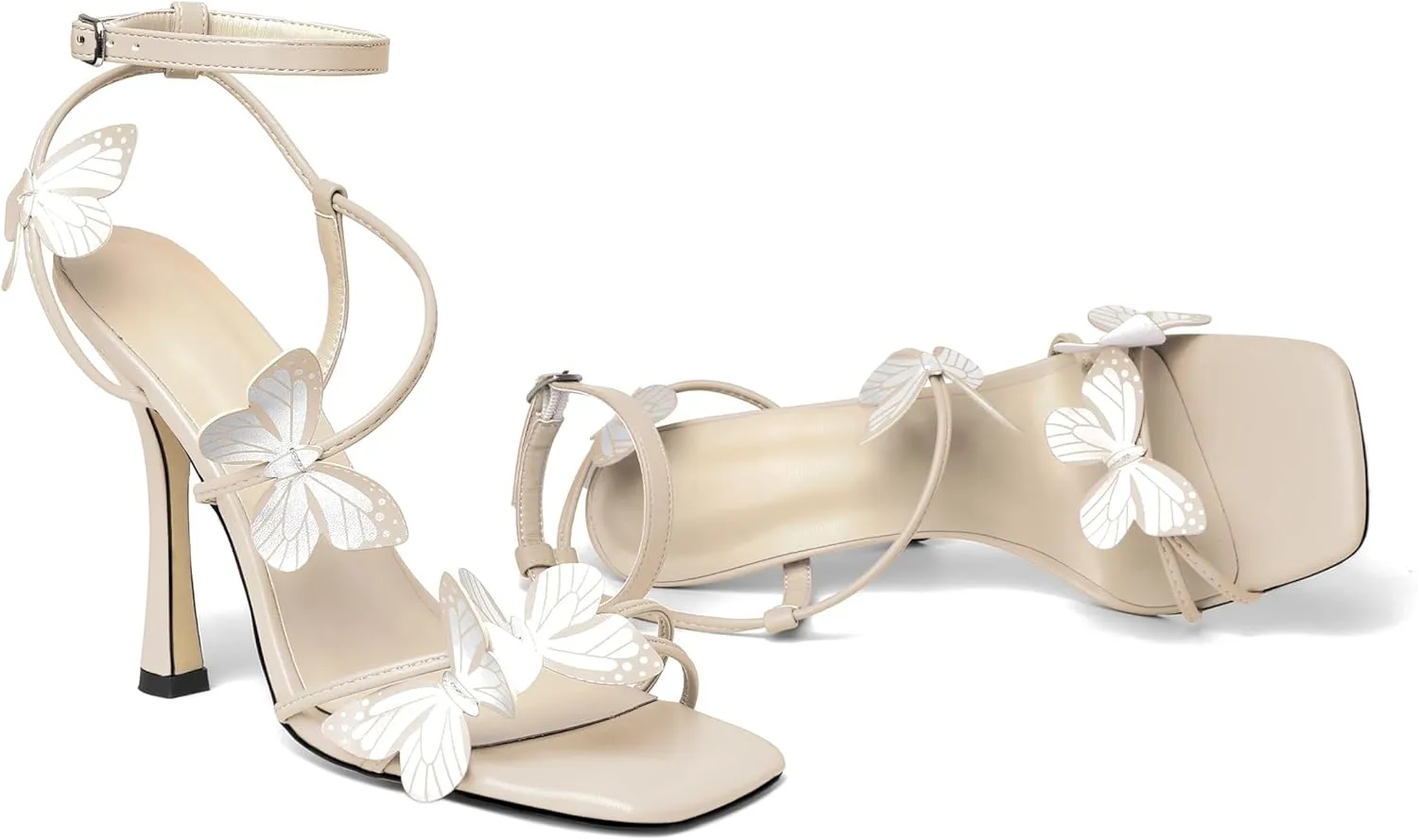 AUMOTED Womens Butterfly Heels Sandals Stilettos High Heels Strappy Square Open Toe Spool Butterfly Heeled Sandals 4 Inch Wedding Dress Shoes