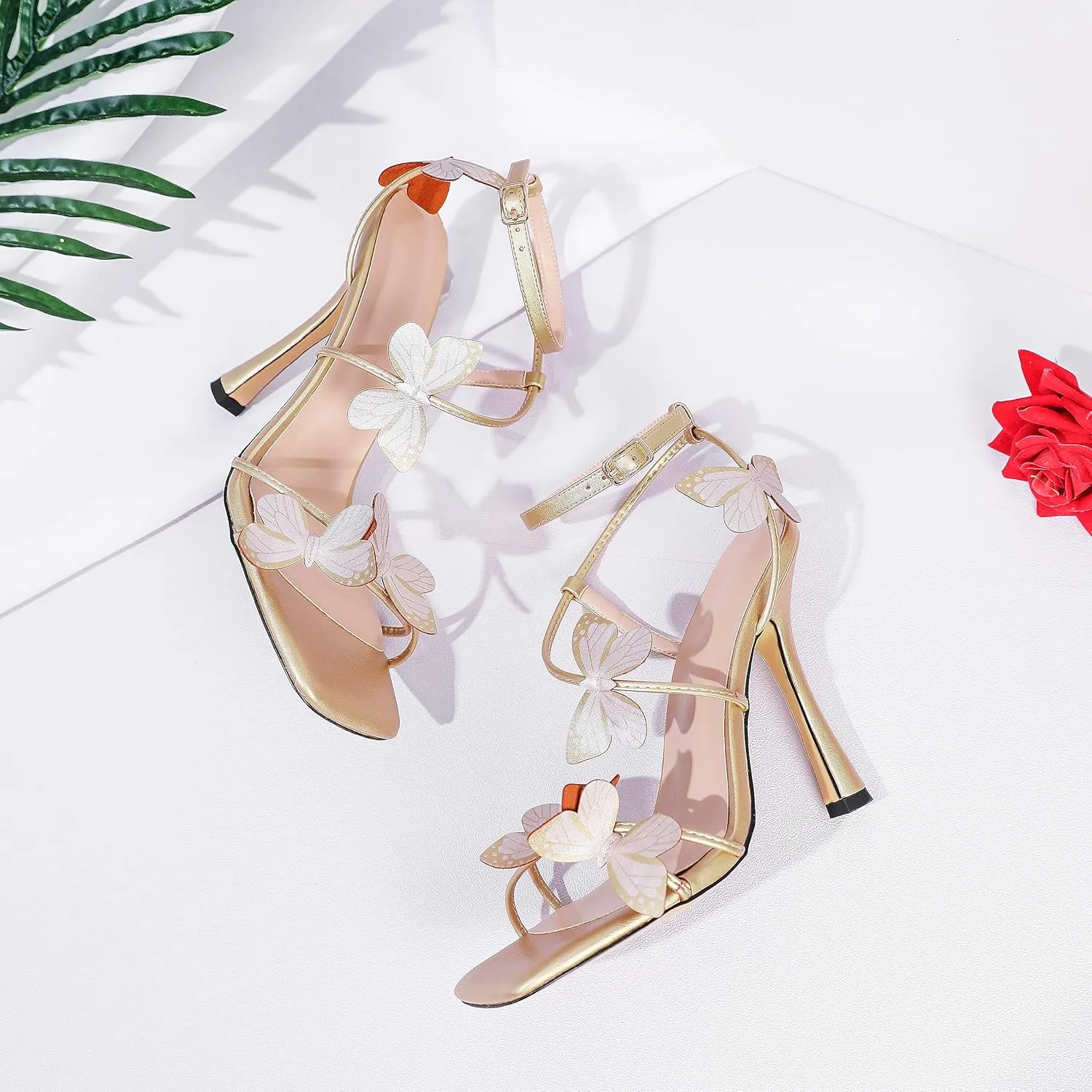 AUMOTED Womens Butterfly Heels Sandals Stilettos High Heels Strappy Square Open Toe Spool Butterfly Heeled Sandals 4 Inch Wedding Dress Shoes