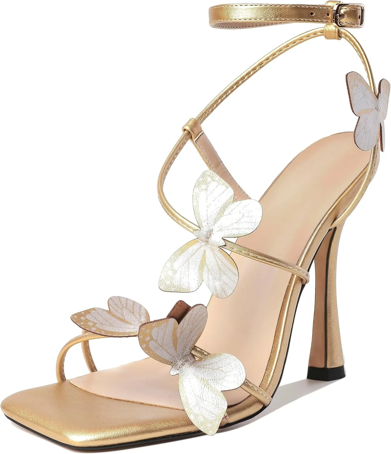 AUMOTED Womens Butterfly Heels Sandals Stilettos High Heels Strappy Square Open Toe Spool Butterfly Heeled Sandals 4 Inch Wedding Dress Shoes