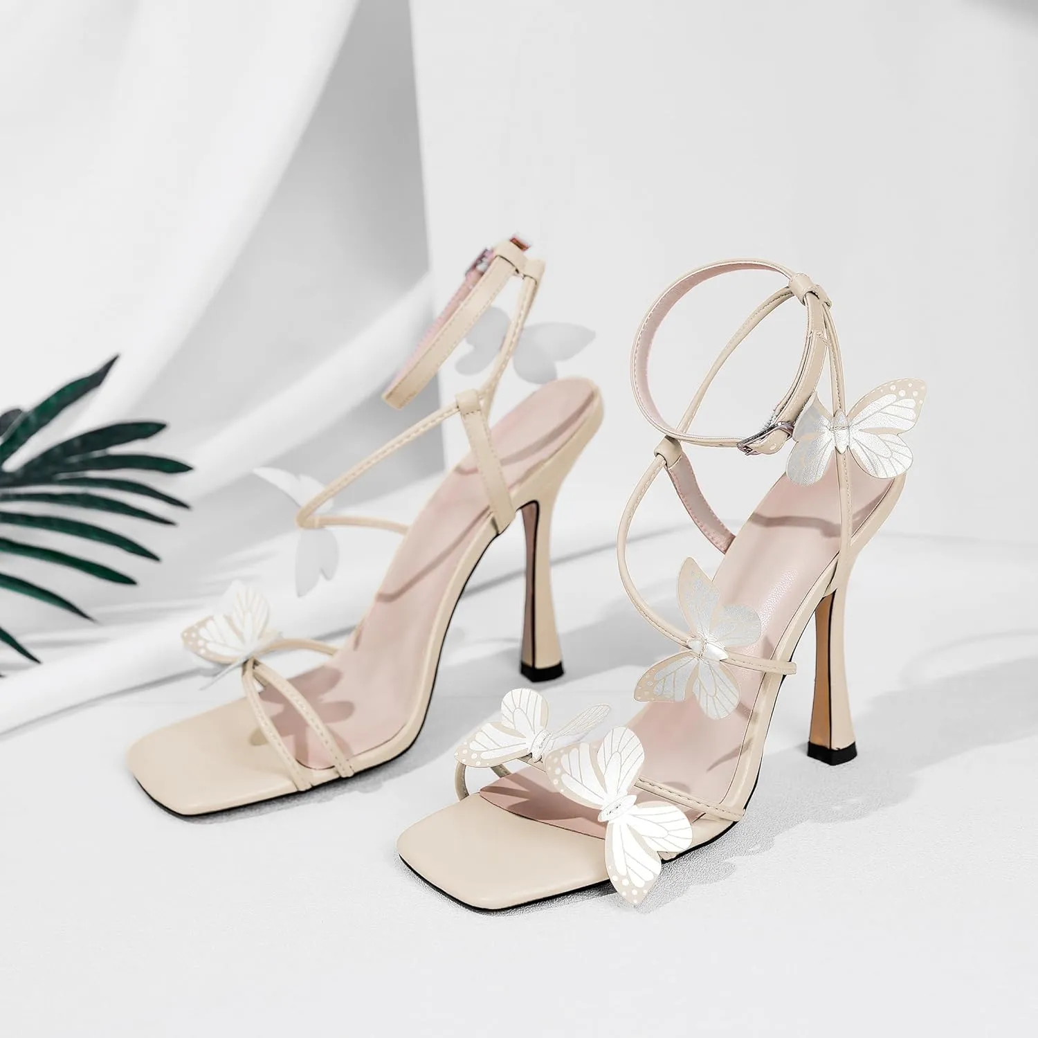 AUMOTED Womens Butterfly Heels Sandals Stilettos High Heels Strappy Square Open Toe Spool Butterfly Heeled Sandals 4 Inch Wedding Dress Shoes