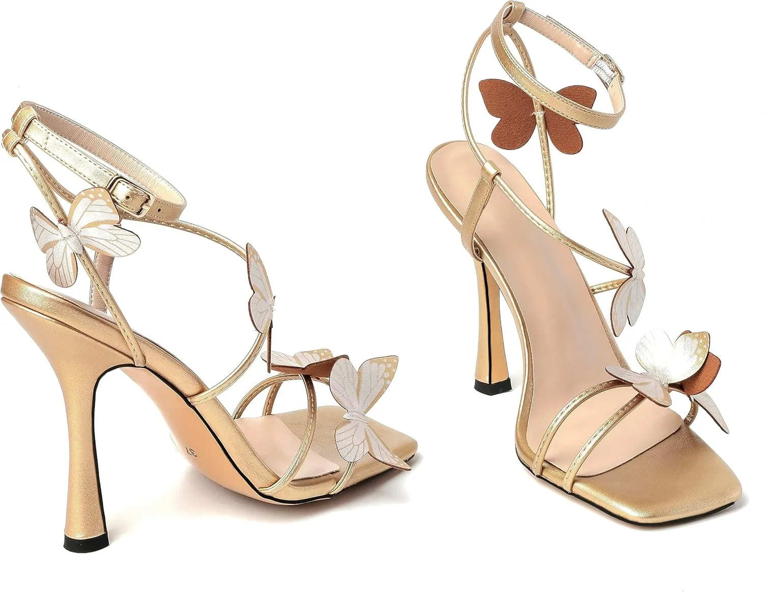 AUMOTED Womens Butterfly Heels Sandals Stilettos High Heels Strappy Square Open Toe Spool Butterfly Heeled Sandals 4 Inch Wedding Dress Shoes