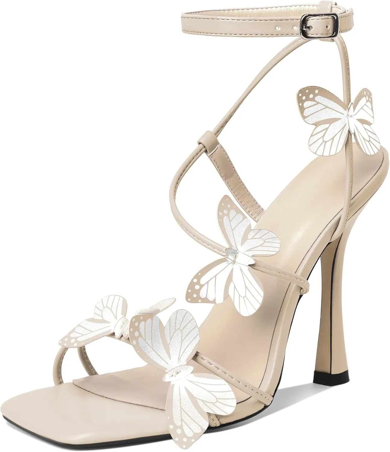 AUMOTED Womens Butterfly Heels Sandals Stilettos High Heels Strappy Square Open Toe Spool Butterfly Heeled Sandals 4 Inch Wedding Dress Shoes