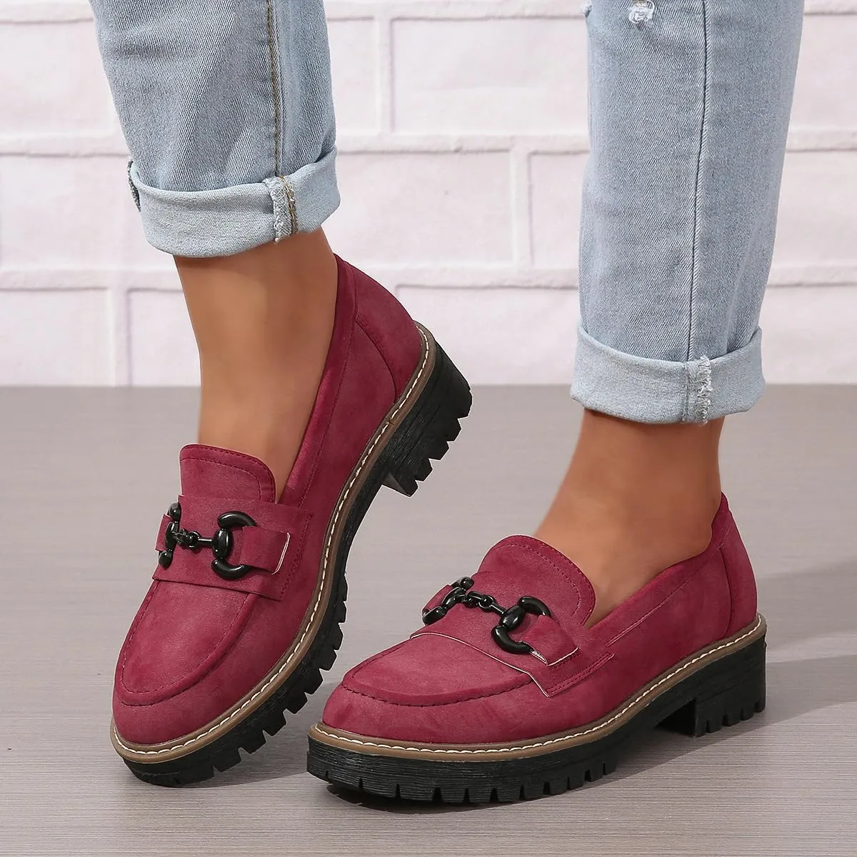 Bandkos Womens Penny Platform Loafers-Fashion Suede Platform Chunky Slip On Dress Shoes Business Lug Sole Loafers US Size 5-12