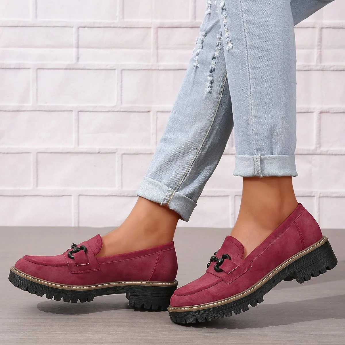 Bandkos Womens Penny Platform Loafers-Fashion Suede Platform Chunky Slip On Dress Shoes Business Lug Sole Loafers US Size 5-12