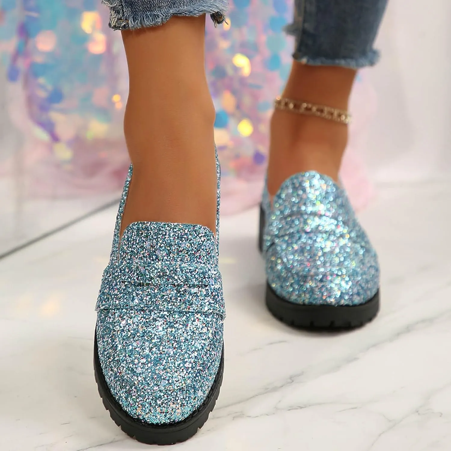 Dress Shoes Women Comfort Rhinestone Loafers Dressy Flats Shoe Casual Penny Loafers Slip On Work Shoes