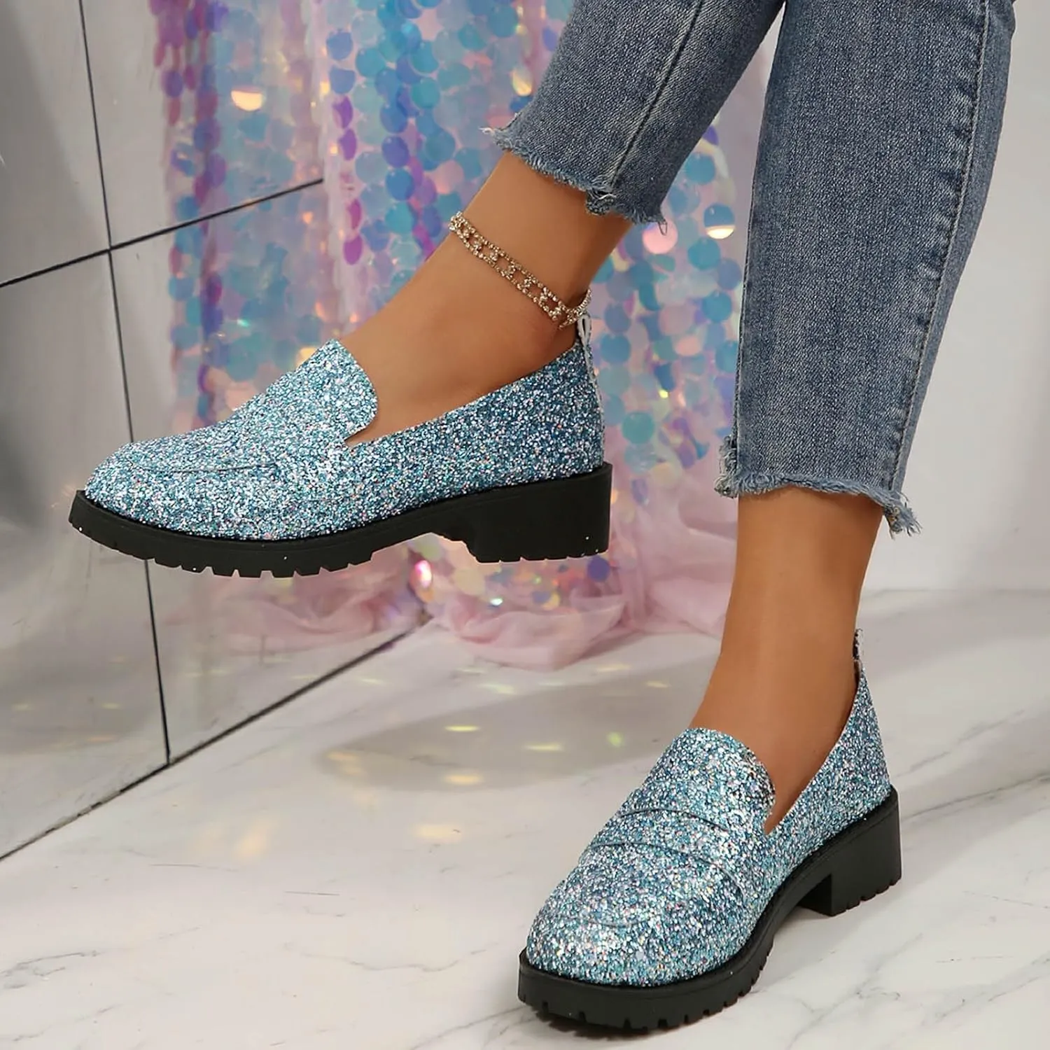 Dress Shoes Women Comfort Rhinestone Loafers Dressy Flats Shoe Casual Penny Loafers Slip On Work Shoes