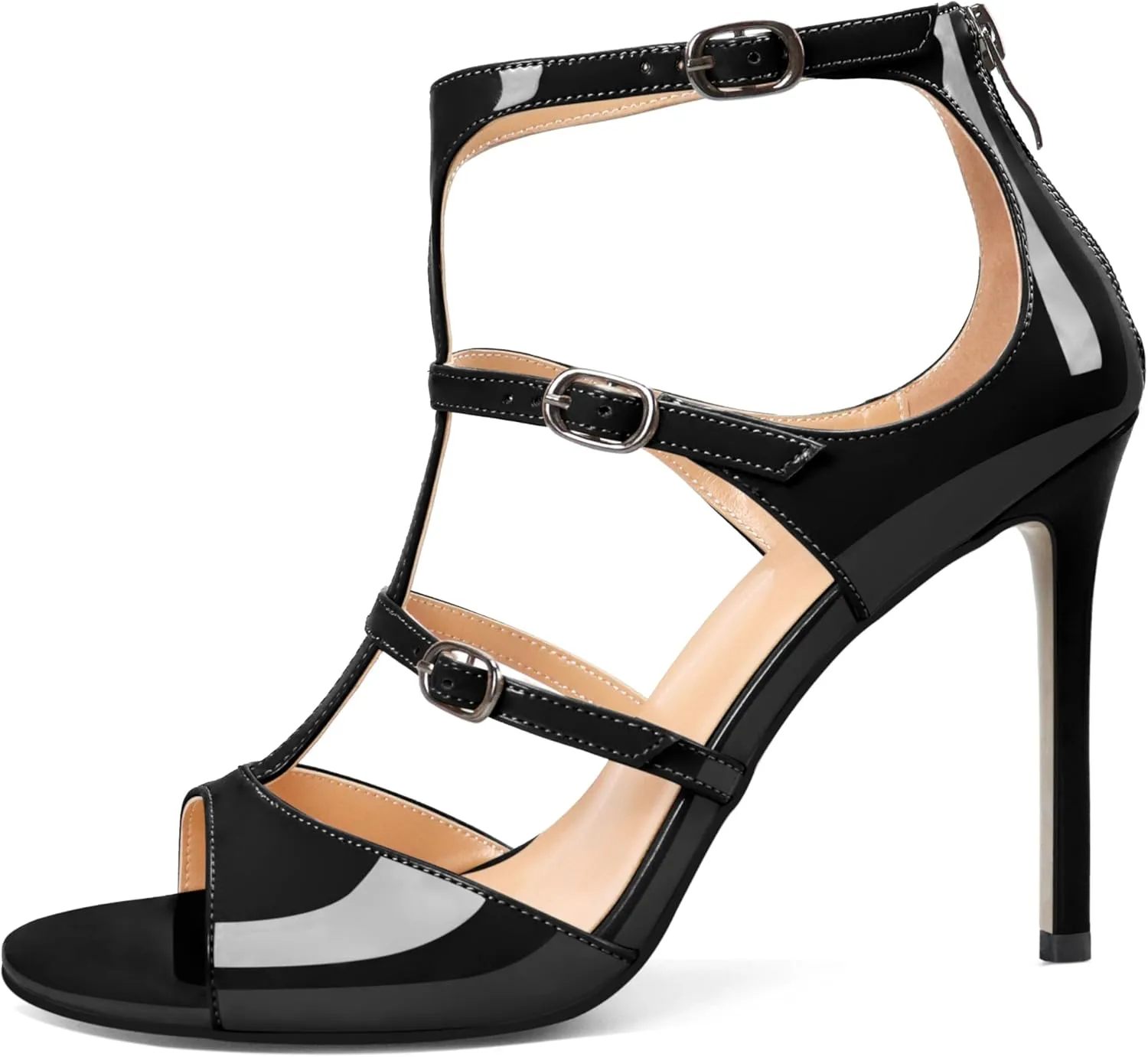 Esvowido Women's High Heel Sandals Open Toe T Strap Heels Stilettos Ankle Strap Pump Shoes Buckle Strappy Heeled with Zipper