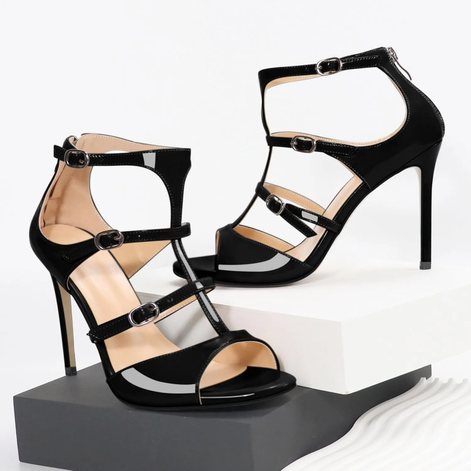 Esvowido Women's High Heel Sandals Open Toe T Strap Heels Stilettos Ankle Strap Pump Shoes Buckle Strappy Heeled with Zipper