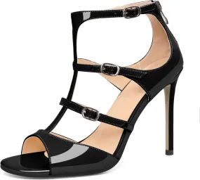 Esvowido Women's High Heel Sandals Open Toe T Strap Heels Stilettos Ankle Strap Pump Shoes Buckle Strappy Heeled with Zipper