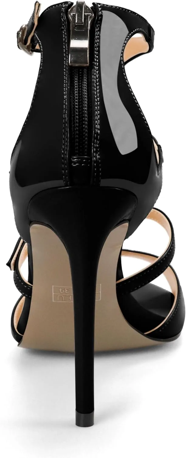 Esvowido Women's High Heel Sandals Open Toe T Strap Heels Stilettos Ankle Strap Pump Shoes Buckle Strappy Heeled with Zipper
