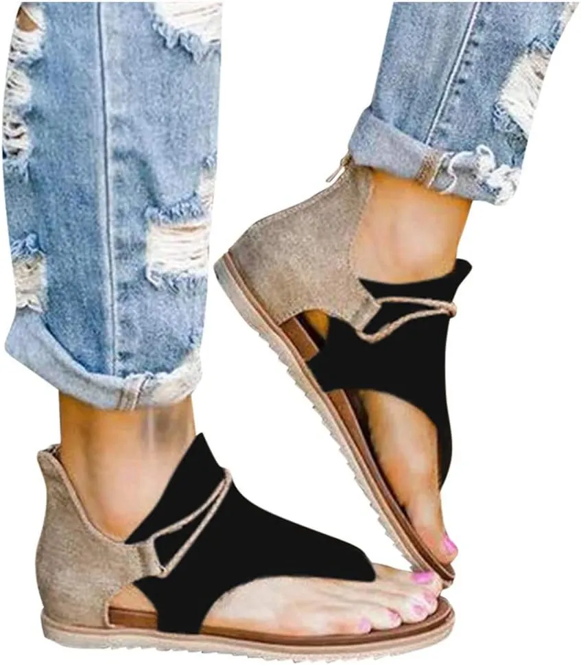 Flip Flops for Women Memory Foam Beach Sandals for Women Casual Summer Strappy Heels for Women Retro Flat Plus Size Fashion Print Shoes Beach Back Zip Flats Heel Clip-Toe Shoes