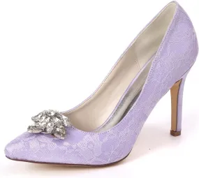 FufoneUS Wedding Bridal Shoes Women Pointed Toe Stiletto Heel Evening Party Pump Shoes with Rhinestone Buckle,Light Purple,8
