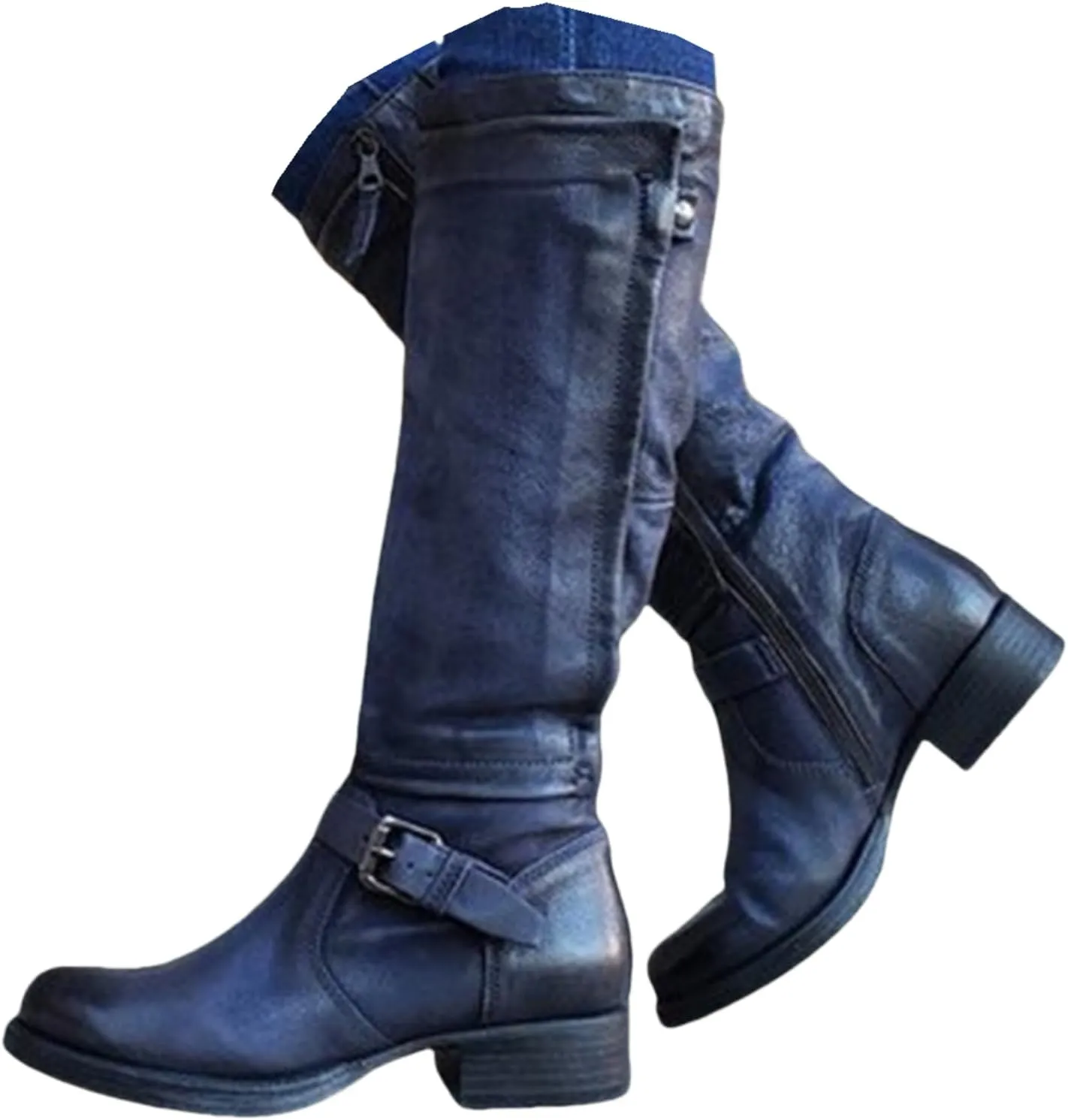 Knee High Boots Women Wide Calf Flat Heel Moto Boots Tall Square Toe Slip On Mid Calf Biker Riding Motorcycle Boots