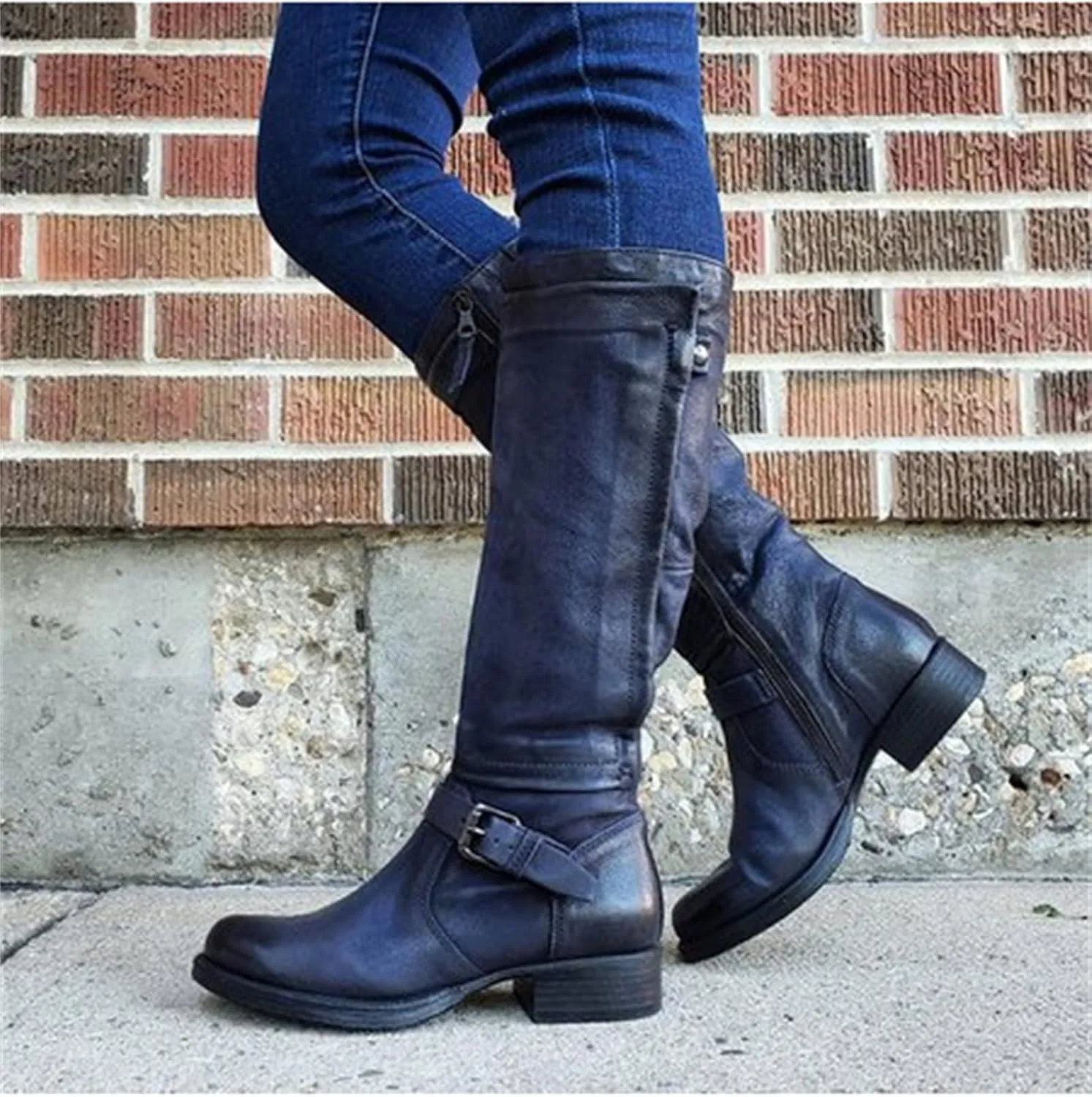 Knee High Boots Women Wide Calf Flat Heel Moto Boots Tall Square Toe Slip On Mid Calf Biker Riding Motorcycle Boots