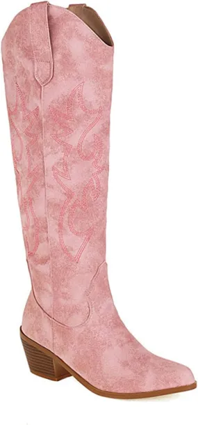 Ladmiple Cowgirl Boots Women Knee High Embroidered Western Boots Pointed Toe Chunky Heel Fashion Western Boots Pull On