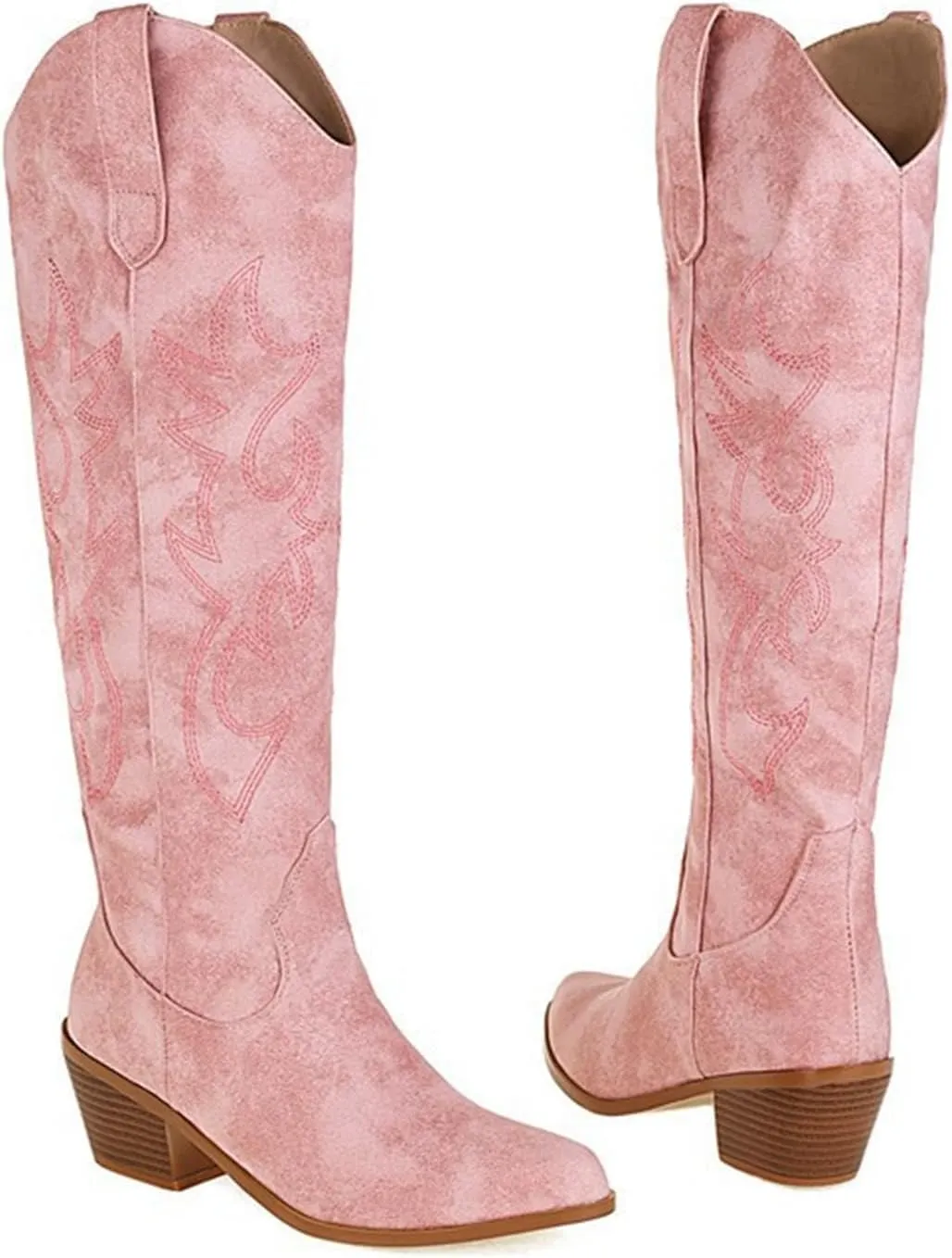 Ladmiple Cowgirl Boots Women Knee High Embroidered Western Boots Pointed Toe Chunky Heel Fashion Western Boots Pull On