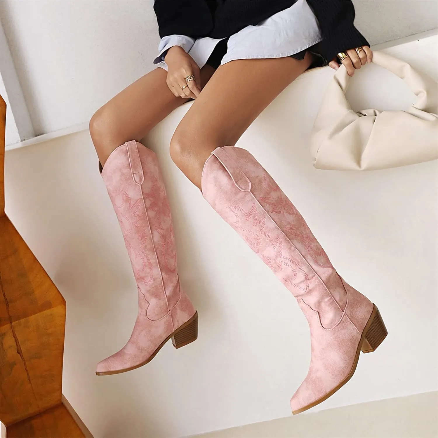 Ladmiple Cowgirl Boots Women Knee High Embroidered Western Boots Pointed Toe Chunky Heel Fashion Western Boots Pull On