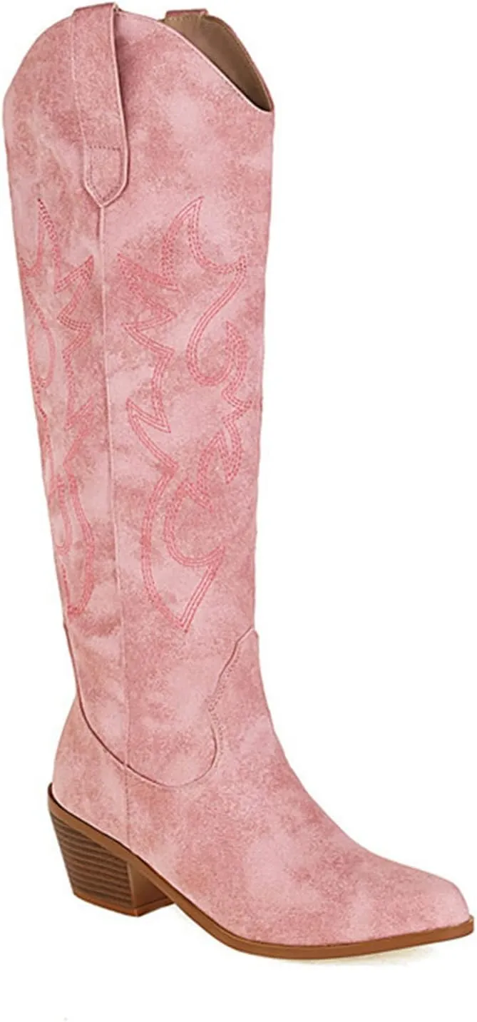 Ladmiple Cowgirl Boots Women Knee High Embroidered Western Boots Pointed Toe Chunky Heel Fashion Western Boots Pull On