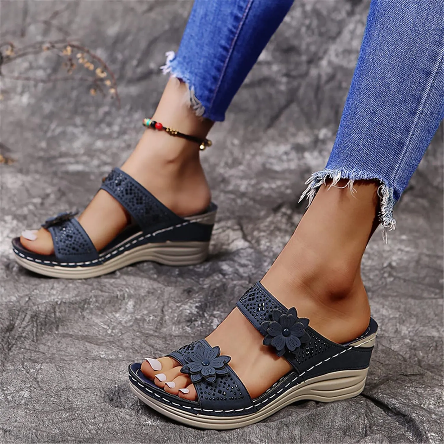 Lausiuoe Orthopedic Sandals For Women Dressy Comfortable Arch Support Orthotic Flip Flops Low Wedge Casual Summer Slides