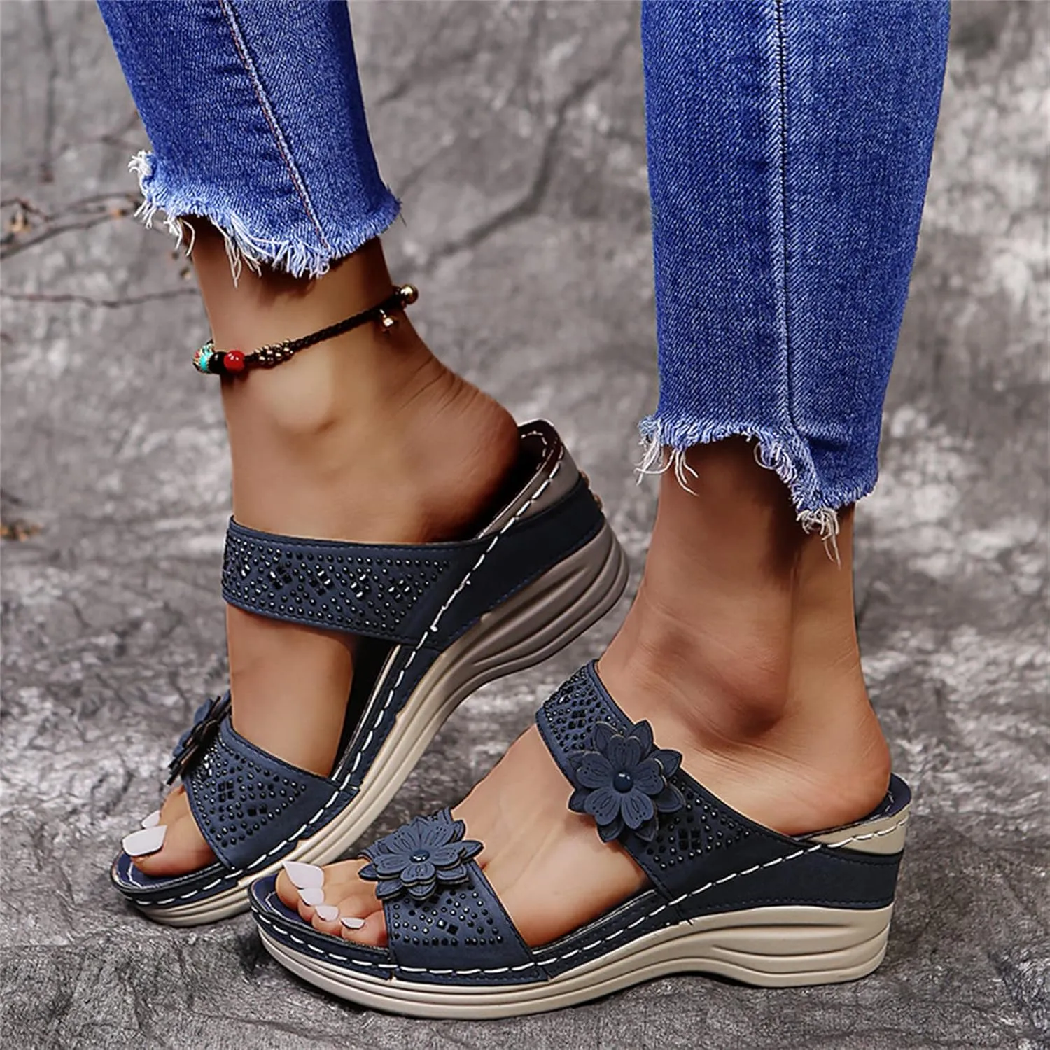 Lausiuoe Orthopedic Sandals For Women Dressy Comfortable Arch Support Orthotic Flip Flops Low Wedge Casual Summer Slides