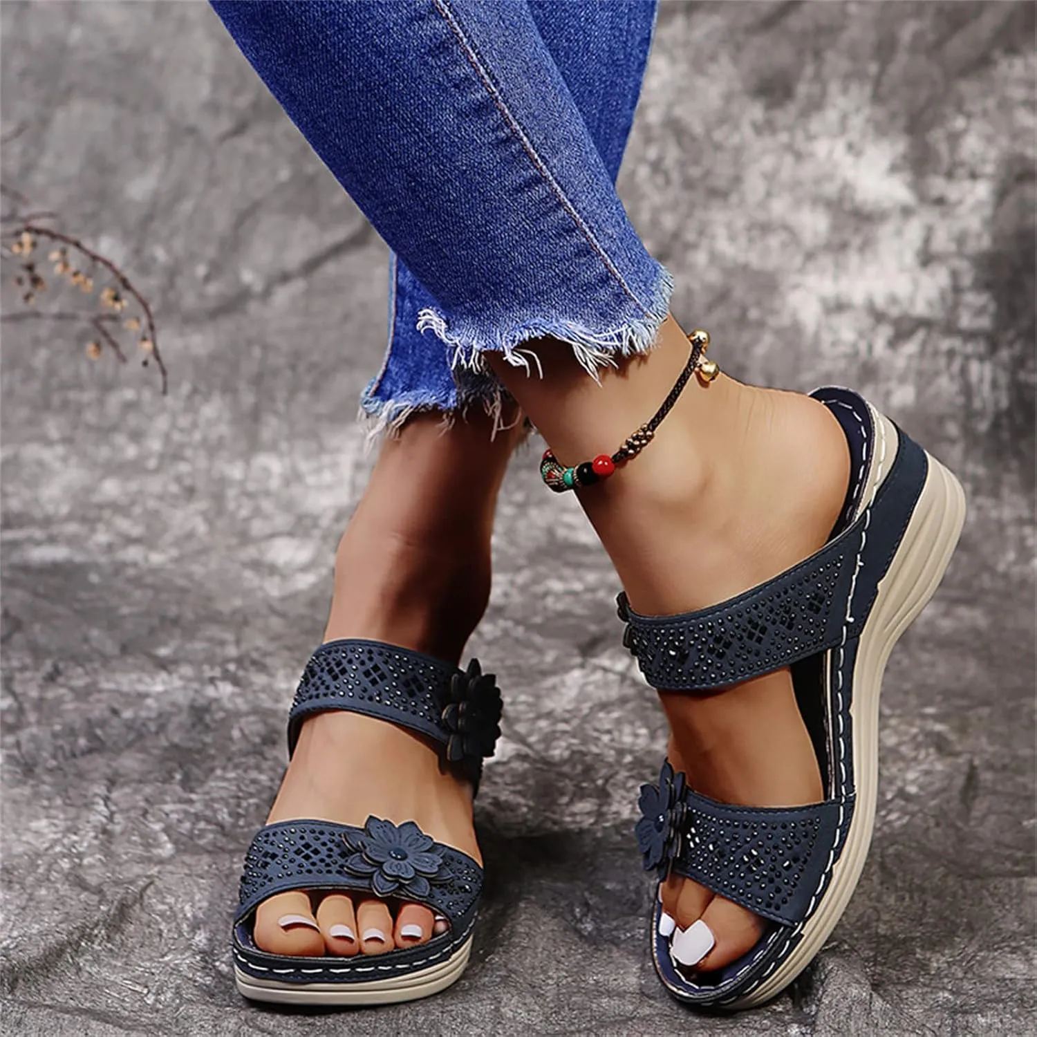 Lausiuoe Orthopedic Sandals For Women Dressy Comfortable Arch Support Orthotic Flip Flops Low Wedge Casual Summer Slides