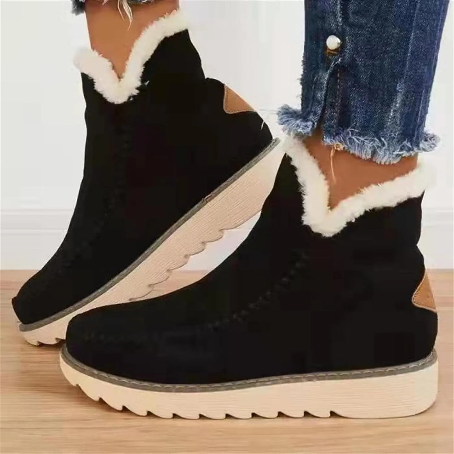 Lausiuoe Womens Winter Boots With Fur Lined Warm Snow Fuzzy Ankle Booties Flat Cute Silp On Comfortable Casual Loafers