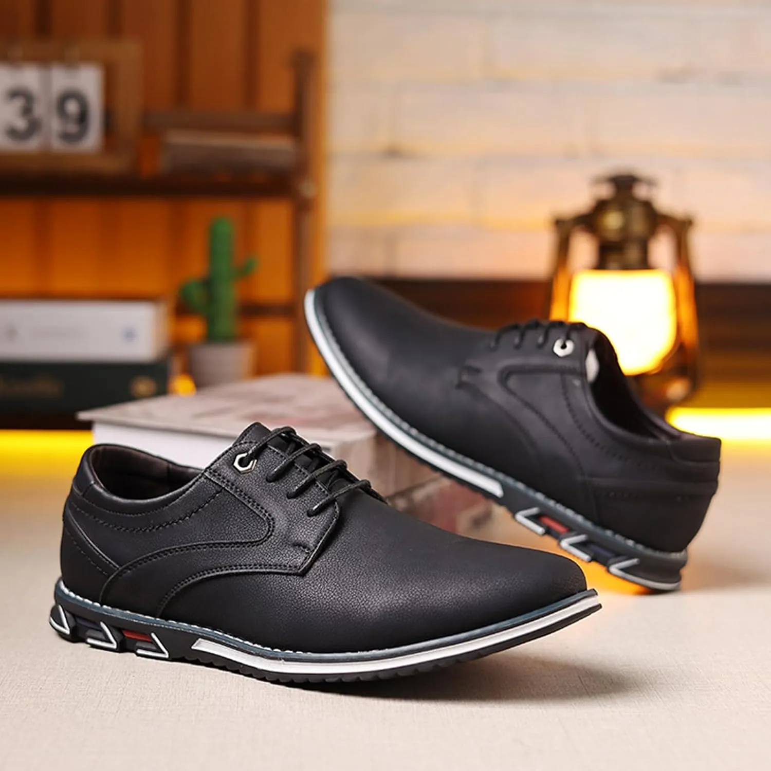 Men'S Leather Slip-On Flat Orthopedic Oxford Shoes Fashion Breathable Round Toe Lace-Up Non-Slip Casual Oxford Sneakers Driving Office Business Dress Derby Shoes