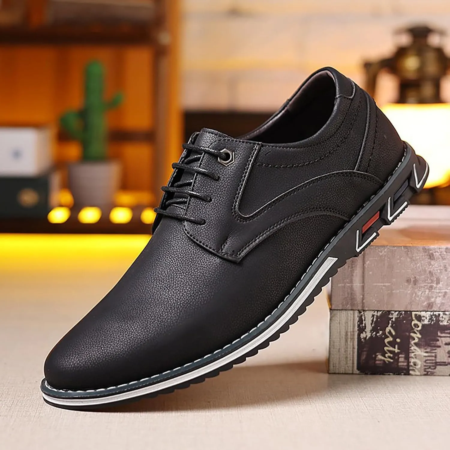 Men'S Leather Slip-On Flat Orthopedic Oxford Shoes Fashion Breathable Round Toe Lace-Up Non-Slip Casual Oxford Sneakers Driving Office Business Dress Derby Shoes