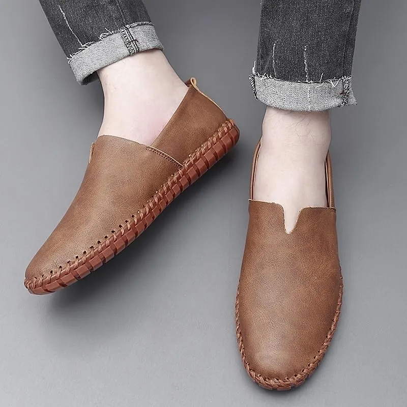 Men's Vegan Leather Loafers - Round Toe, Flexible, Anti-Slip, Comfortable Slip-On Shoes for Walking and Fashion