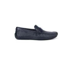 Navy Textured Leather Panel Moccasins