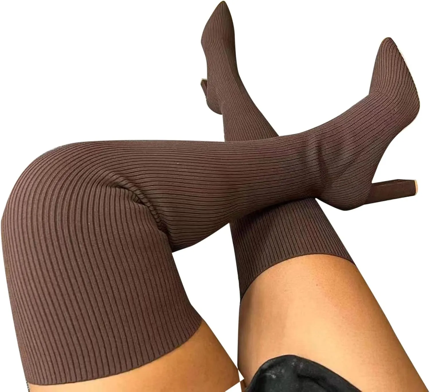 owillhua Women's Thigh High Boots Over-the-Knee Boots Stretchy Knit Round Toe Knee High Boots Black Suede Platform Boots