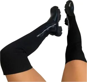 owillhua Women's Thigh High Boots Over-the-Knee Boots Stretchy Knit Round Toe Knee High Boots Black Suede Platform Boots