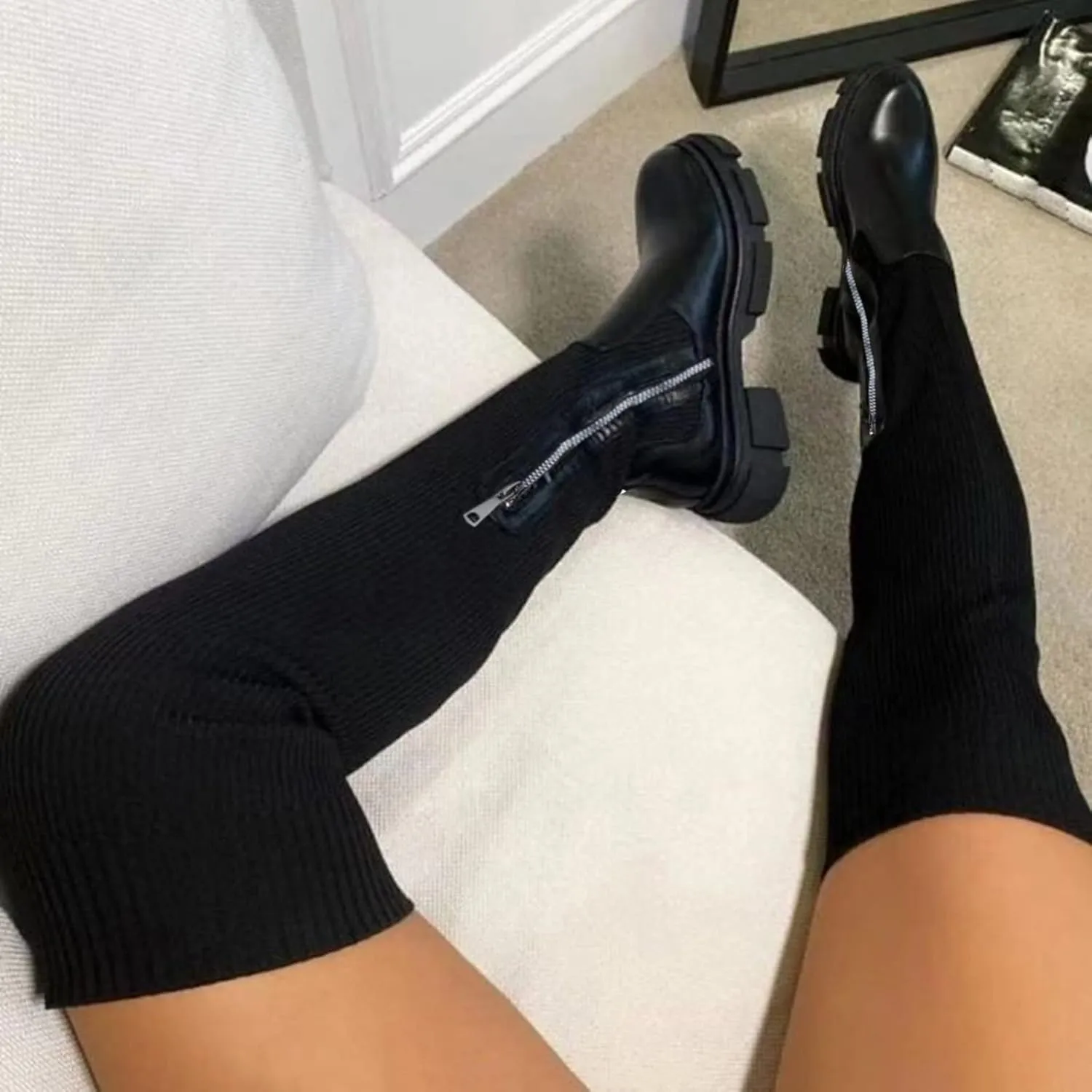 owillhua Women's Thigh High Boots Over-the-Knee Boots Stretchy Knit Round Toe Knee High Boots Black Suede Platform Boots