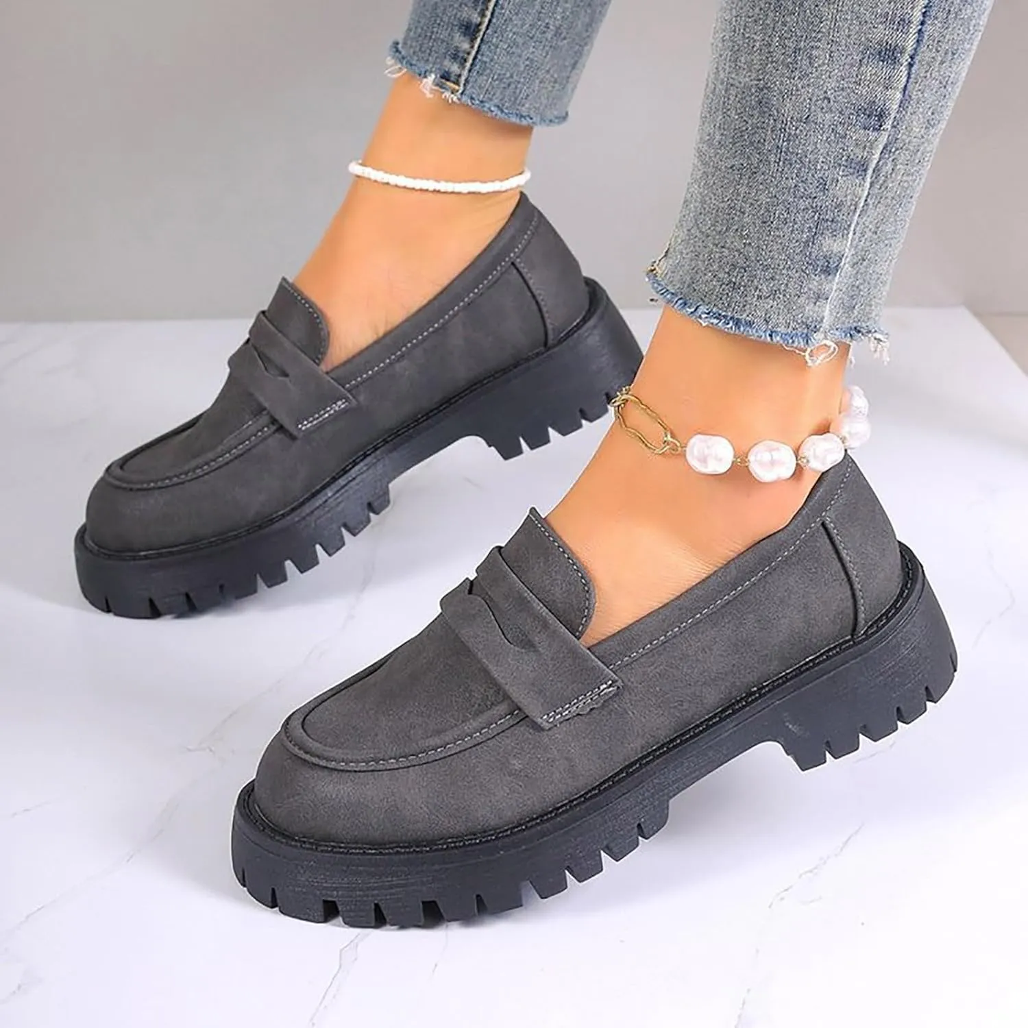 Platform Loafers for Women 2025,Women Platform Loafer,Business Casual Shoes Women,Work Shoes Women Business Casual,Suede Penny Loafers Lug Sole Slip-Ons Shoes Women Penny Loafers