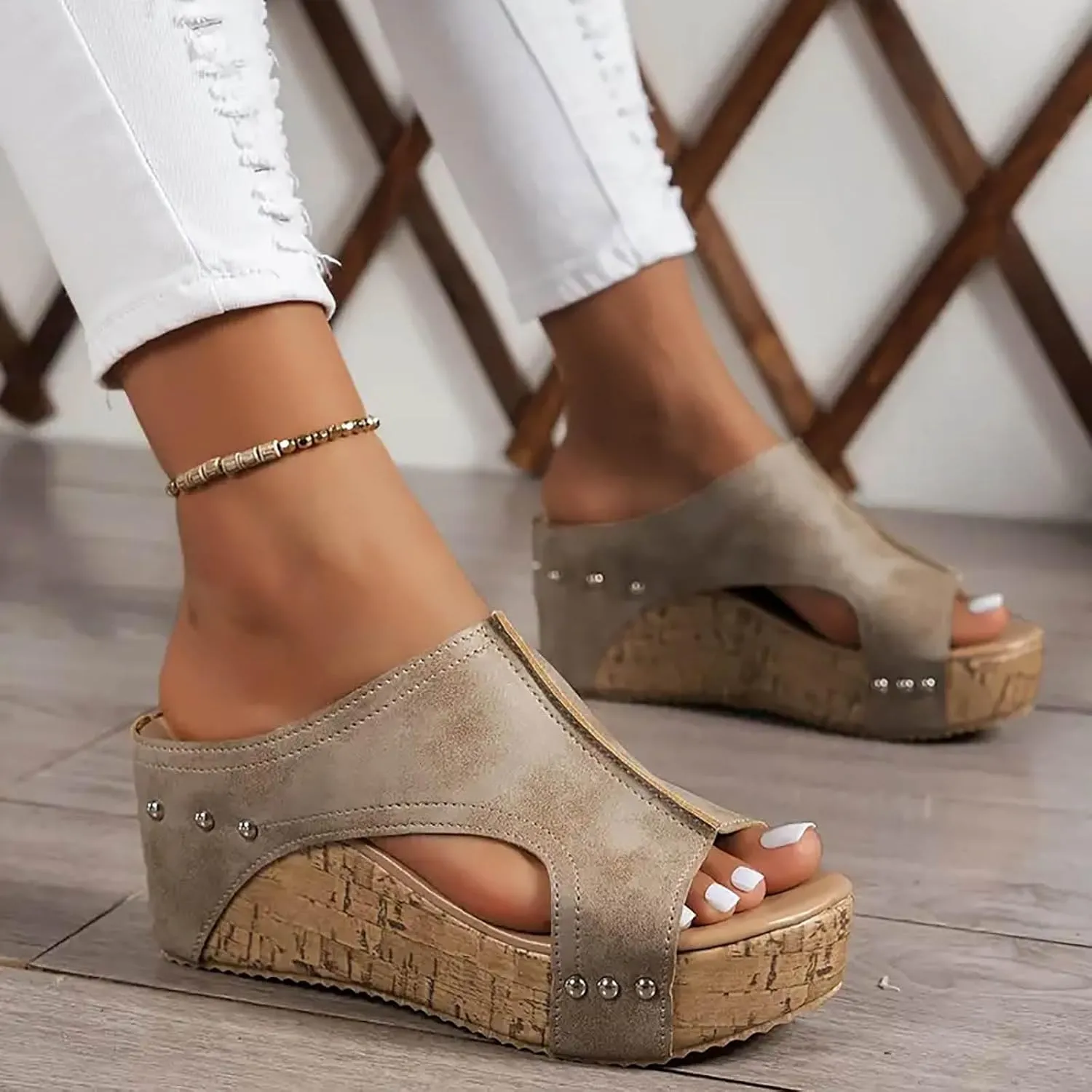 Platform Slides for Women,Summer Low Wedge Sandals for Women Comfortable Sandals for Women Open Toe Ankle Strap Slip On Sandals Drssey Casual Cork Slippers Cute Boho Beach Shoes