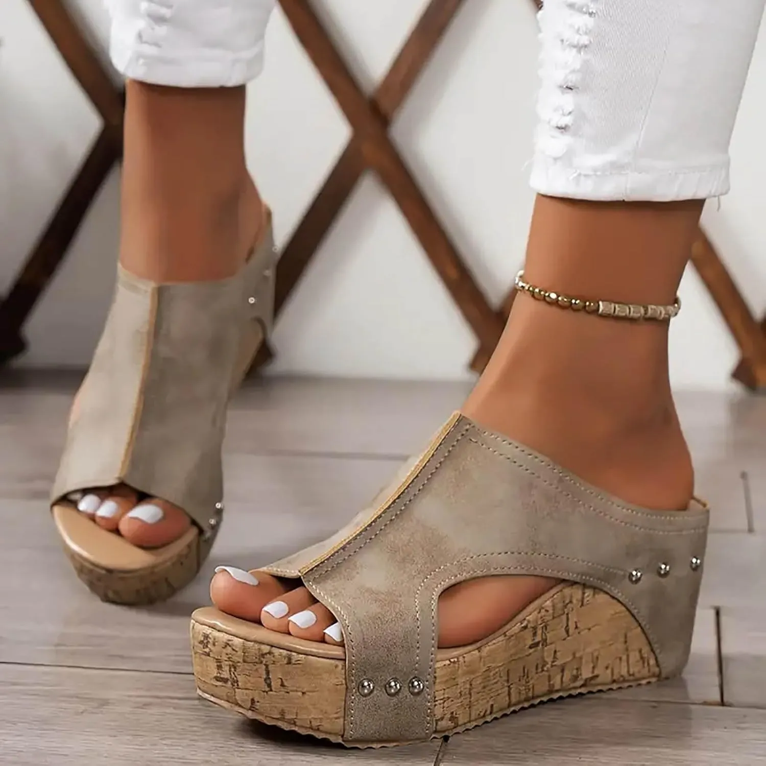 Platform Slides for Women,Summer Low Wedge Sandals for Women Comfortable Sandals for Women Open Toe Ankle Strap Slip On Sandals Drssey Casual Cork Slippers Cute Boho Beach Shoes
