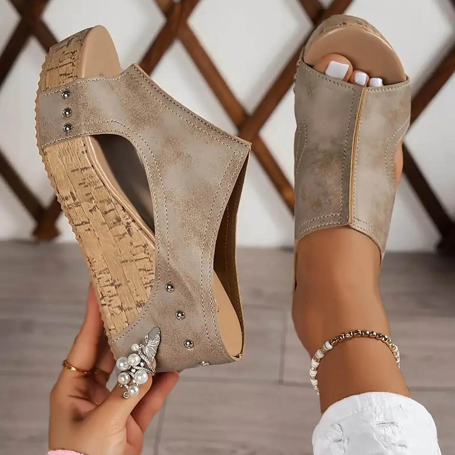 Platform Slides for Women,Summer Low Wedge Sandals for Women Comfortable Sandals for Women Open Toe Ankle Strap Slip On Sandals Drssey Casual Cork Slippers Cute Boho Beach Shoes