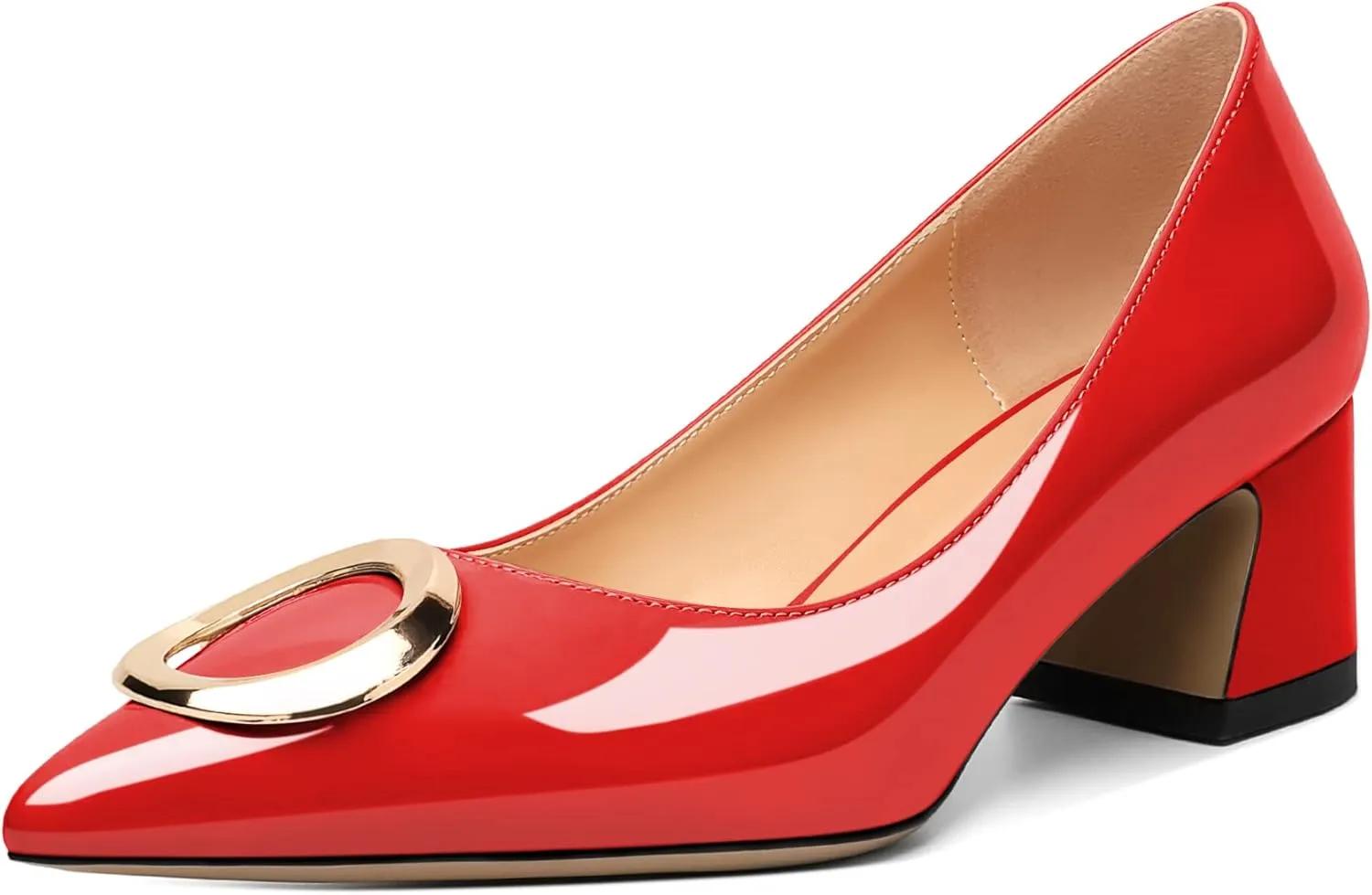 SAMMITOP Women's Block Heel Chunky Pumps Low Heels Pointed Toe Heel with Metal Buckle Slip on Closed Toe Heeled Loafers Wedding Party Dress Shoes