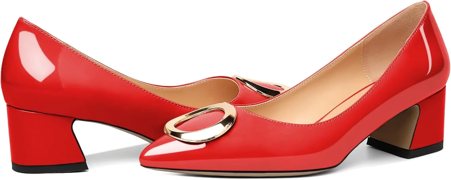 SAMMITOP Women's Block Heel Chunky Pumps Low Heels Pointed Toe Heel with Metal Buckle Slip on Closed Toe Heeled Loafers Wedding Party Dress Shoes
