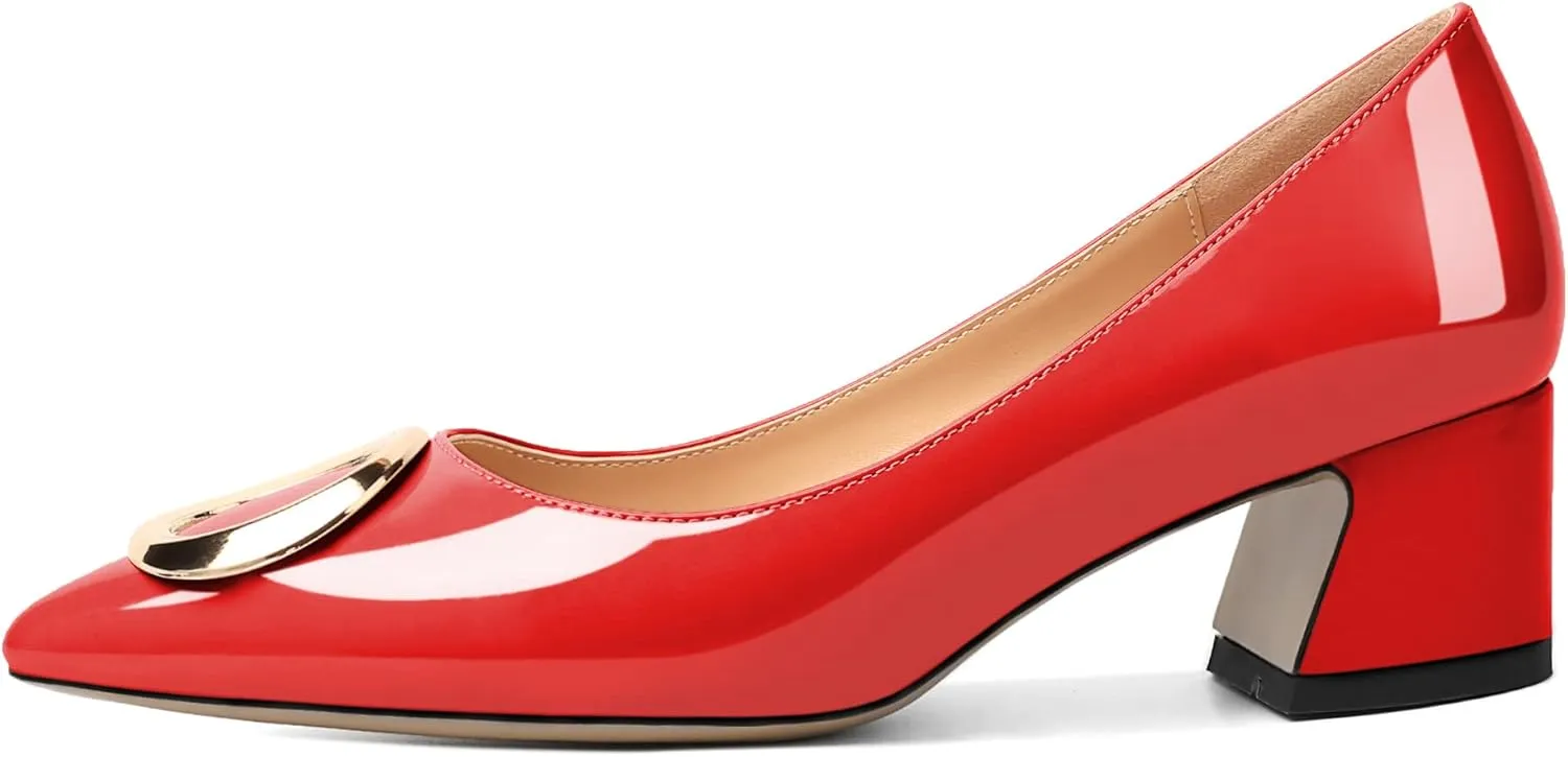 SAMMITOP Women's Block Heel Chunky Pumps Low Heels Pointed Toe Heel with Metal Buckle Slip on Closed Toe Heeled Loafers Wedding Party Dress Shoes