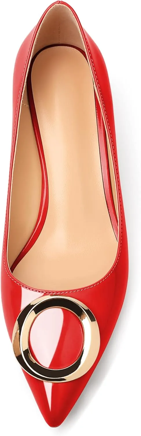 SAMMITOP Women's Block Heel Chunky Pumps Low Heels Pointed Toe Heel with Metal Buckle Slip on Closed Toe Heeled Loafers Wedding Party Dress Shoes