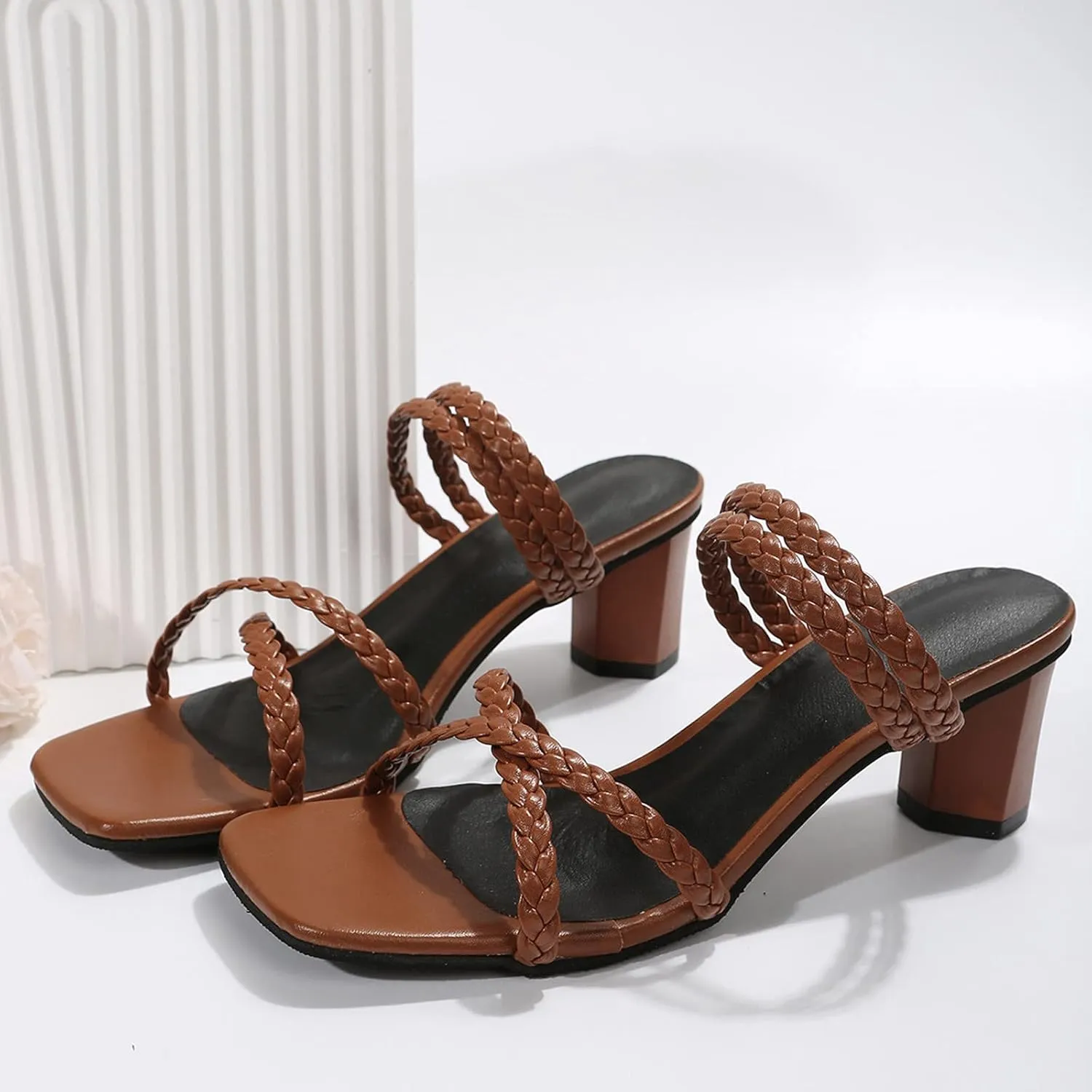 Sandals for Women Stylish Square Toe High Heels for Women Open Toe Ankle Strap Chunky Heel Sandals