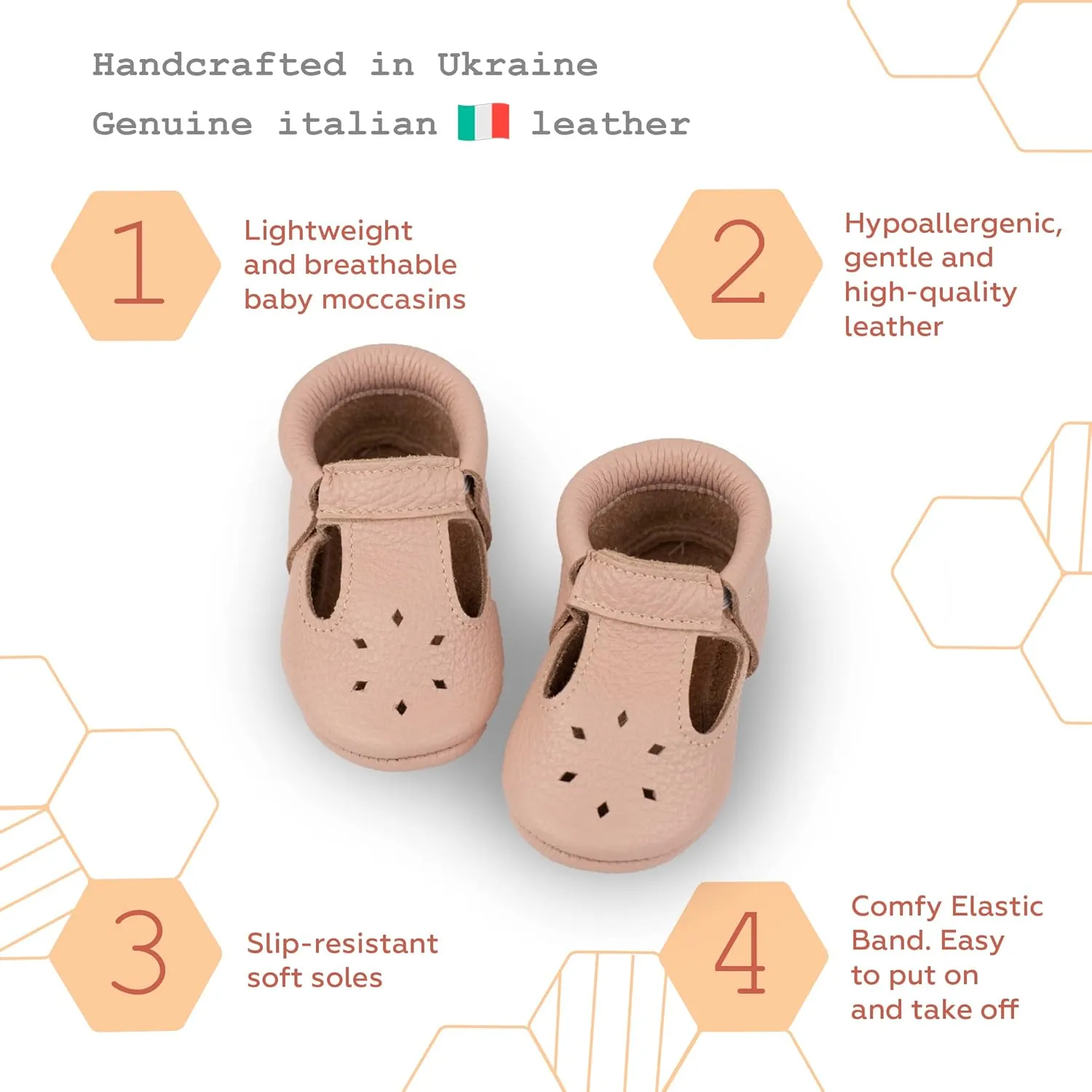 Soft Sole Infant, Baby and Toddler Shoes  Elastic T-Strap Italian Leather Baby Moccasin Shoes for Boys and Girls; Crib Shoes to Baby Walking Shoes Handcrafted in Europe