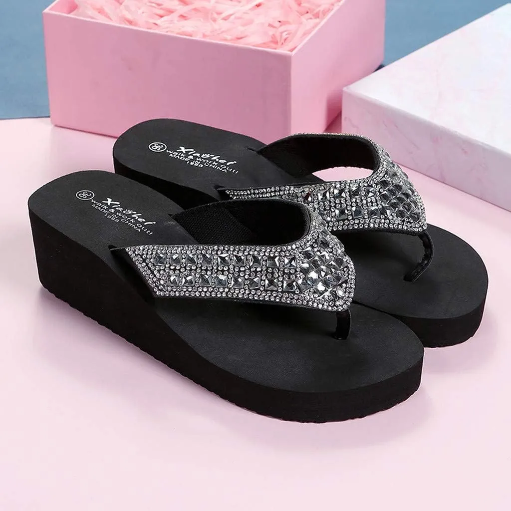 Summer Beach Pool Slides Casual Flip Fashion Slippers Beach Flops Summer Shoes Women's Rhinestones Wedges Women's