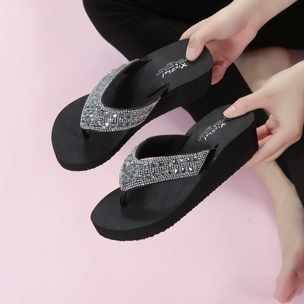 Summer Beach Pool Slides Casual Flip Fashion Slippers Beach Flops Summer Shoes Women's Rhinestones Wedges Women's